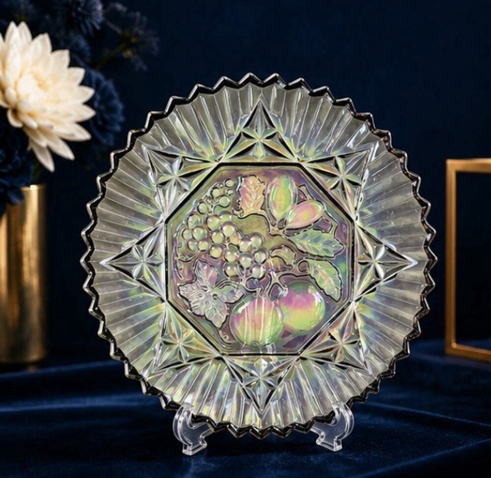 Vntg Federal Glass Pioneer Carnival Smoke Iridescent 11” Sawtooth Edge Platter
